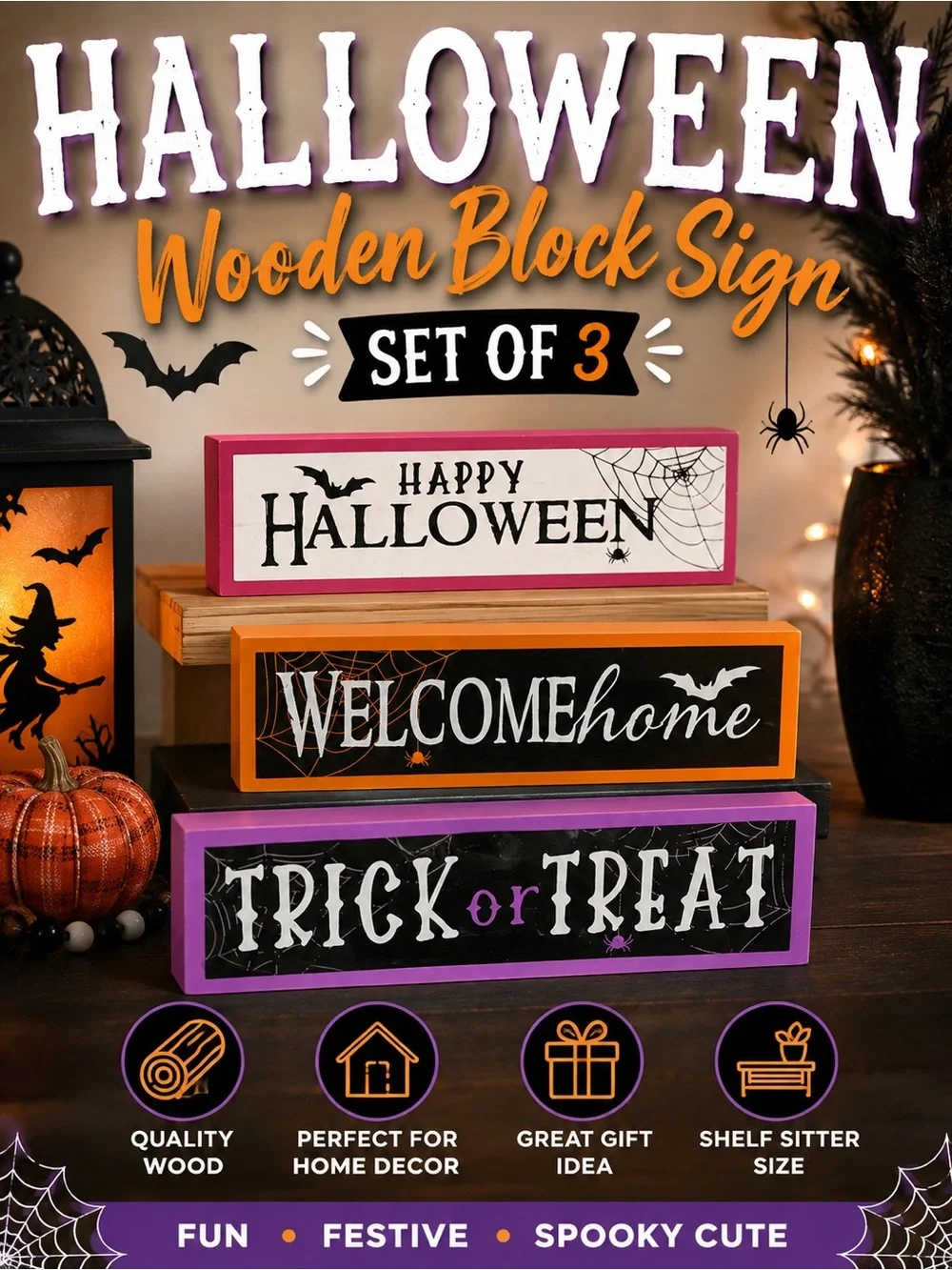 Halloween Wooden Block Sign Set of 3 Happy Halloween Trick or Treat Decor
